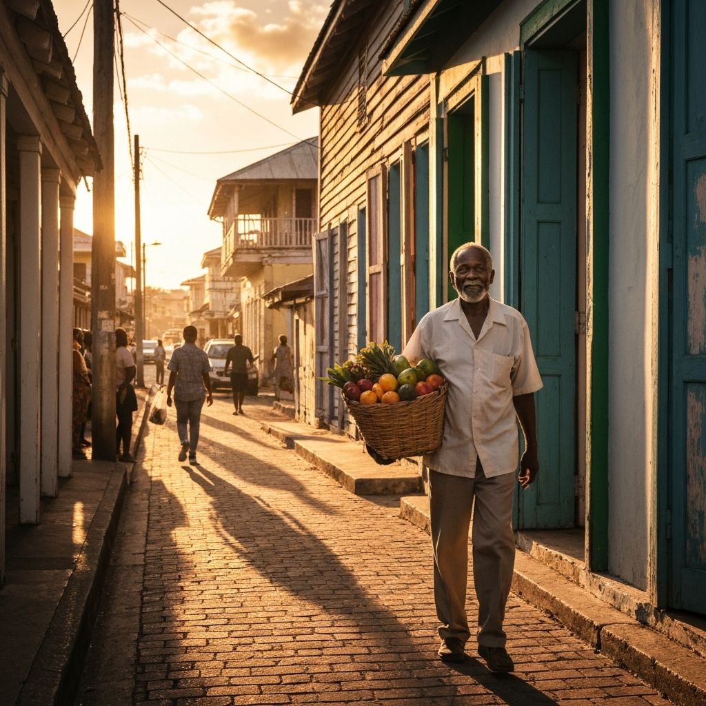 Person walking through colonial-era corridor in Kingston at golden hour